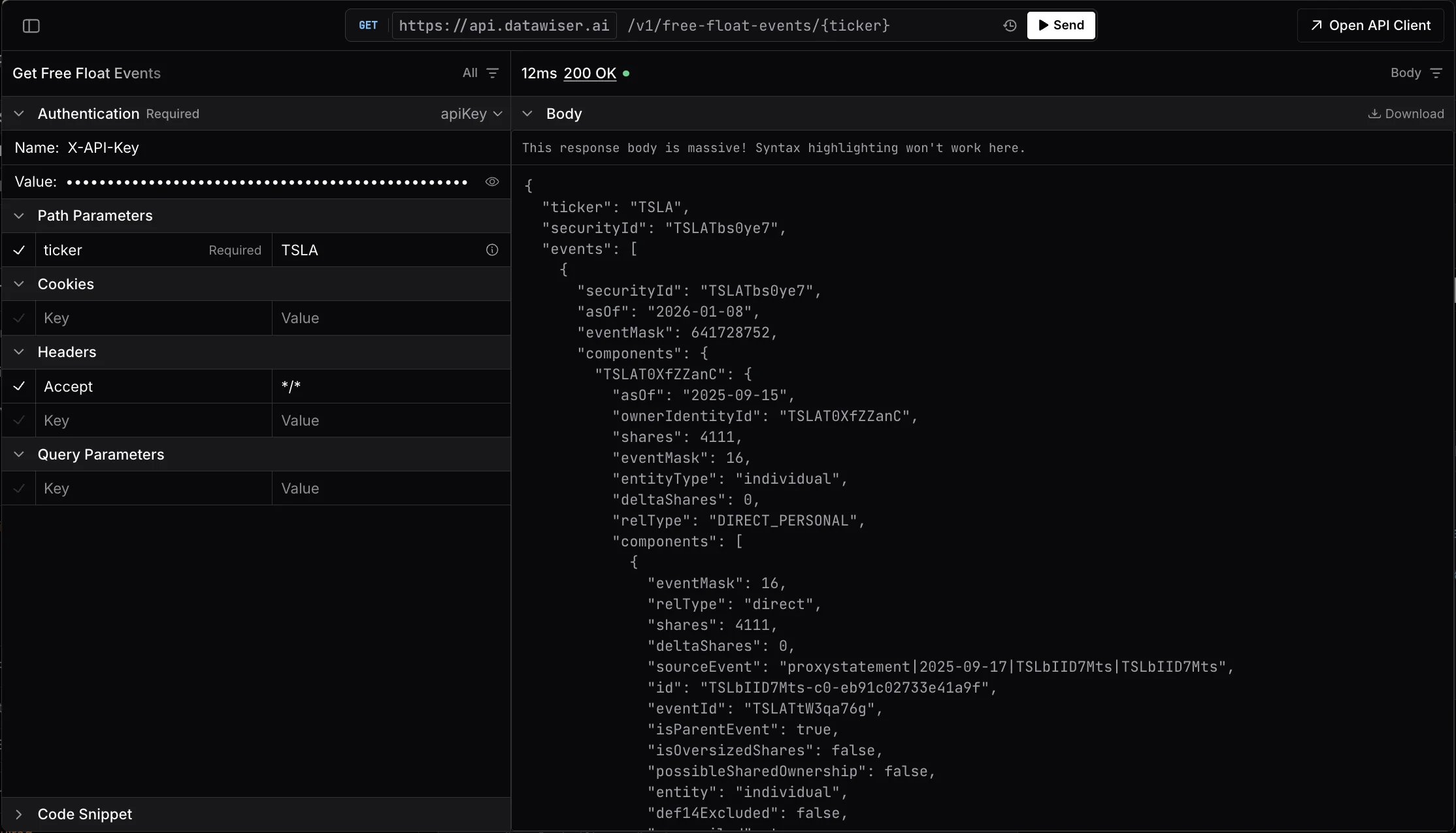 API dashboard preview showing the free float events endpoint, parameters, and JSON response